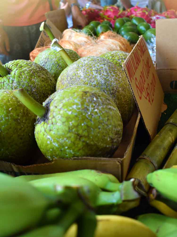 Locally-grown tropical fruits and vegetables like breadfruit and bananas available for kūpuna through the Senior Farmers Market Nutrition Program in Hawaii.