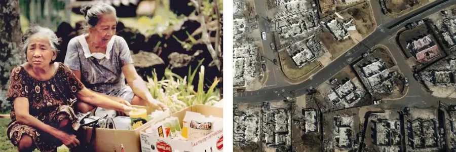 Hurricane InikiAerial view of the devastating damage from the Maui wildfires, underscoring the critical need for the Maui Relief Fund organized by Hawaiʻi Foodbank to support affected communities.