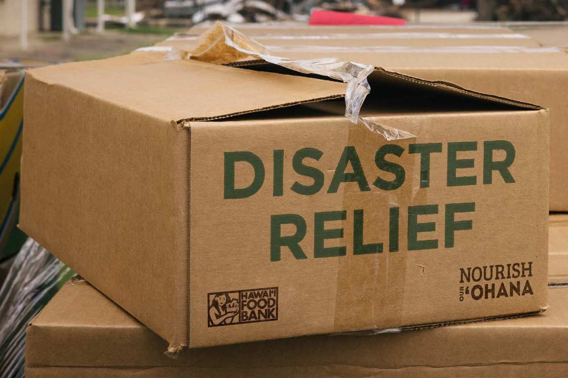 A close-up of a cardboard box labeled "DISASTER RELIEF" from the Hawaii Food Bank.