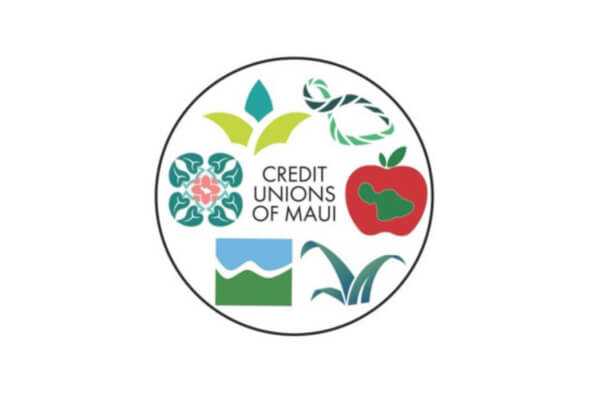 Credit Unions of Maui logo with apple, lei, plant and island icons